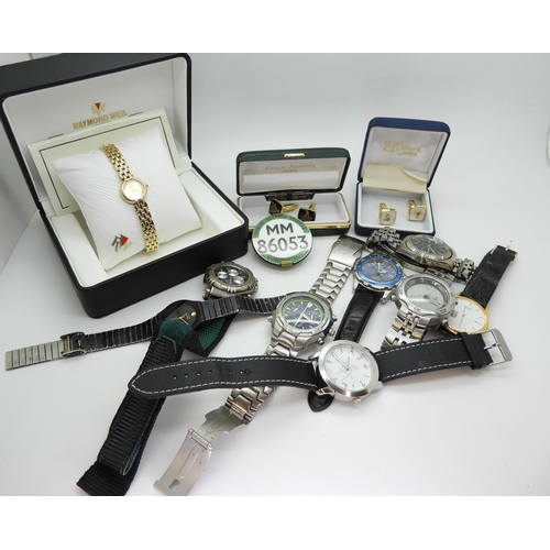 887 - A gold plated Raymond Weil ladies watch in original box with guarantee dated 1993, two pairs of maso... 