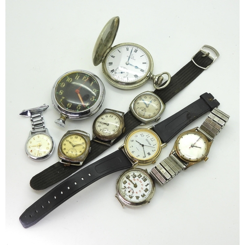 889 - A Smiths dashboard clock, a Smiths nurses watch, a silver cased gents watch with London import marks... 