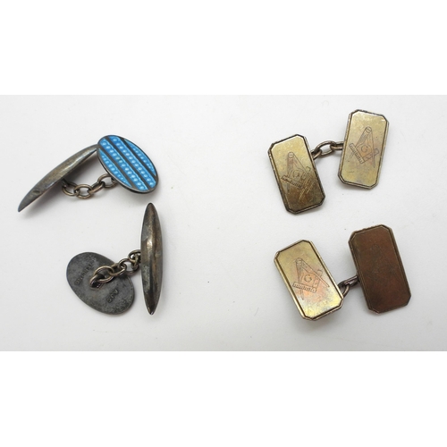 891 - A pair of silver vintage cufflinks, a further Masonic themed pair, an (af) silver Scottish agate Ske... 