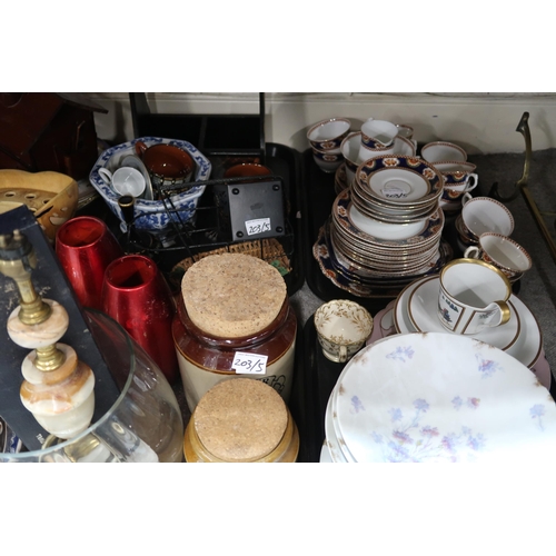 203 - A brass cake stand, Limoges dessert set, Imari palette teaset and assorted other decorative ceramics... 