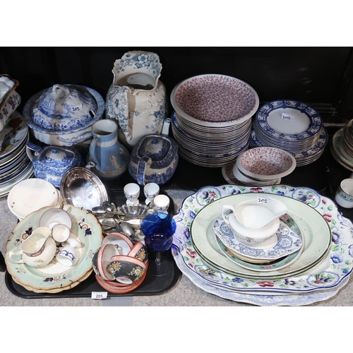 205 - A collection of ceramics including large meat platters, blue and white table wares, Victorian teaset... 