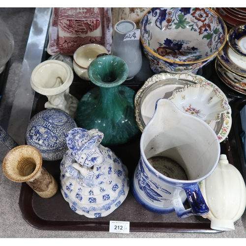 212 - Assorted pottery and ceramics including a blue and white crinoline lady pot, vases etc