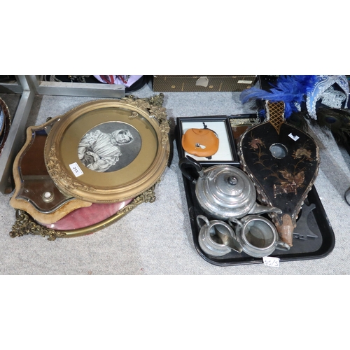 215 - A collection of assorted treen and metalware, including frames, trays, stands etc