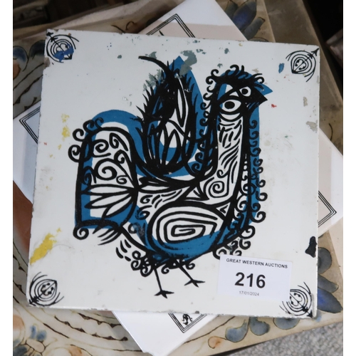 216 - Robert Stewart - Dovecot Studios - A dust pressed tile decorated with a stylised peacock, screen pri... 