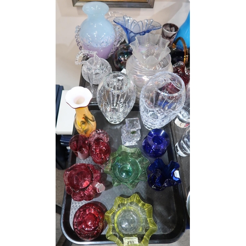 230 - Two large Waterford crystal vases, another smaller, assorted coloured glass etc