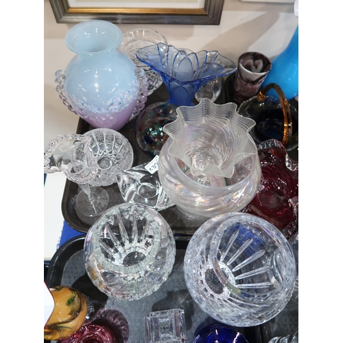 230 - Two large Waterford crystal vases, another smaller, assorted coloured glass etc