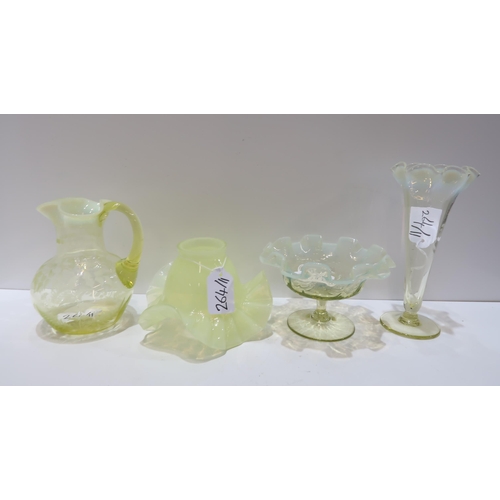 264 - A collection of yellow vaseline glass including three light shades, fern etched glass and jug, dishe... 