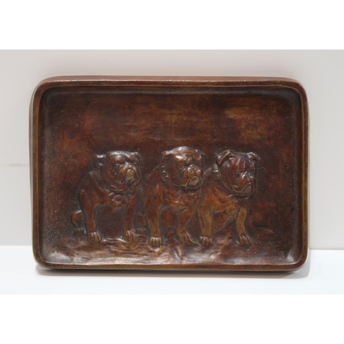 267 - A bronze plaque, possibly Austrian, depicting three Bulldogs together with a Solkets Tudric pewter b... 