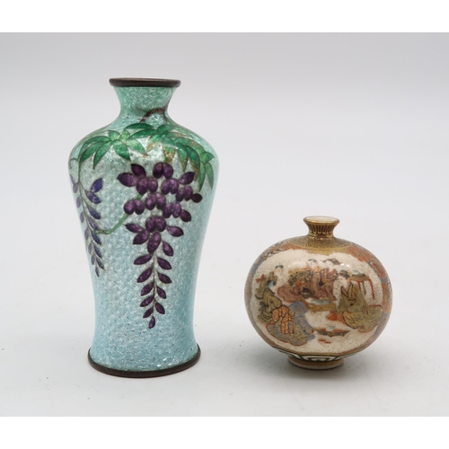 276 - A miniature Satsuma vase, of bulbous form, decorated with a panel of figures surrounded by flowers, ... 