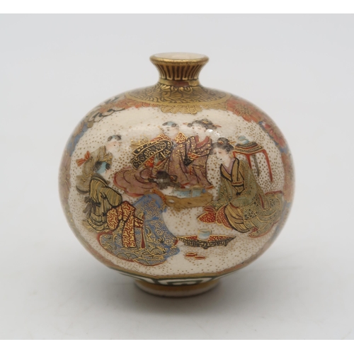 276 - A miniature Satsuma vase, of bulbous form, decorated with a panel of figures surrounded by flowers, ... 