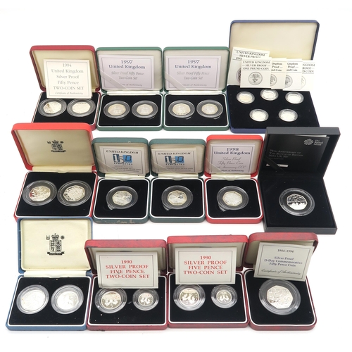 485 - Royal Mint cased silver proof coins, including a five-coin 1986 one pound set, four various two-coin... 