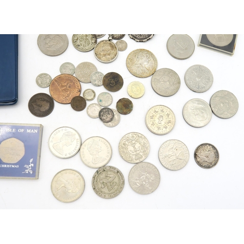 490 - Mixed British currency, to include a Victoria 1887 Crown mounted as a brooch, commemorative Clydesda... 