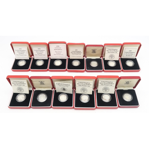 493 - Thirteen cased Royal Mint silver proof piedfort one pound coins, 1980s-1990s (13)