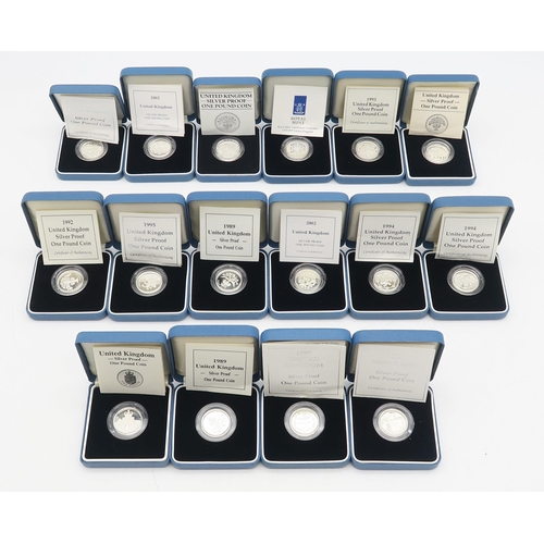 494 - Sixteen cased Royal Mint silver proof one pound coins, 1987-2005 (16)