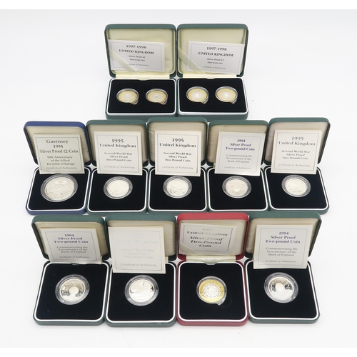 495 - Eleven cased Royal Mint silver proof two pound coins, including two two-coin sets, 1994-1998 (11)