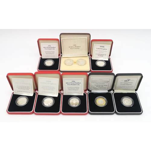 496 - Eight cased Royal Mint silver proof piedfort two pound coins, including one two-coin set, 1989-2001 ... 