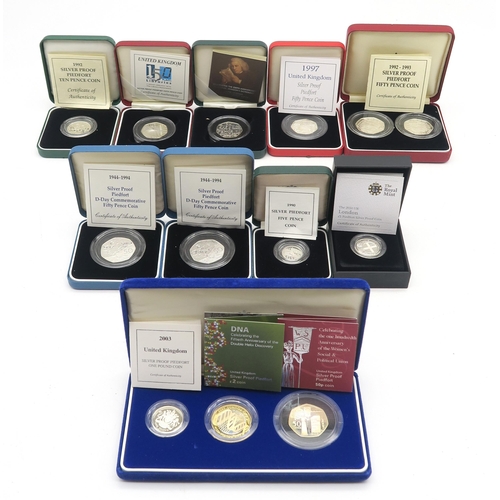 498 - Royal Mint silver proof piedfort coins, to include a 2003 three-coin set (one pound, DNA two pounds ... 