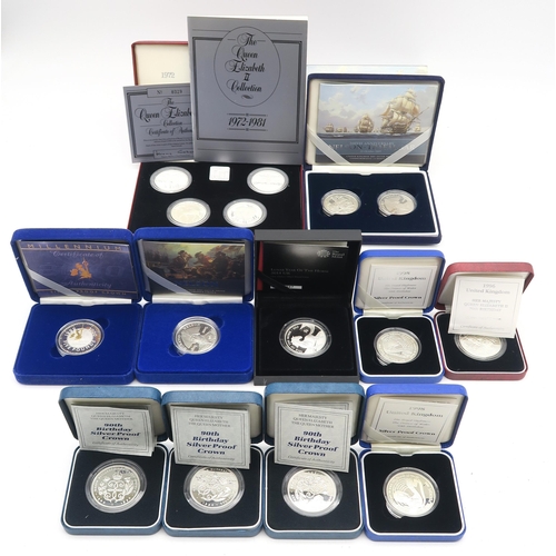 499 - Royal Mint silver proof commemorative crowns, comprising a a 1972-1981 Queen Elizabeth II Collection... 