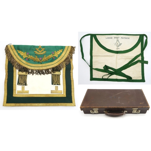 520 - A bullion-embroidered Masonic apron, together with a plainer Lodge Saint Patrick 1309 example, both ... 