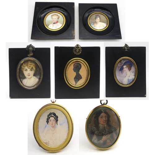 A collection of portrait miniatures, to include four painted on ivory (dark-haired lady wearing a white dress and veil in gilt oval frame, lady wearing a blue hat with ostrich feather plume and the circular pair housed in square ebonised frames - these being signed respective "d'Gerard" and "d'Isabey") (7)