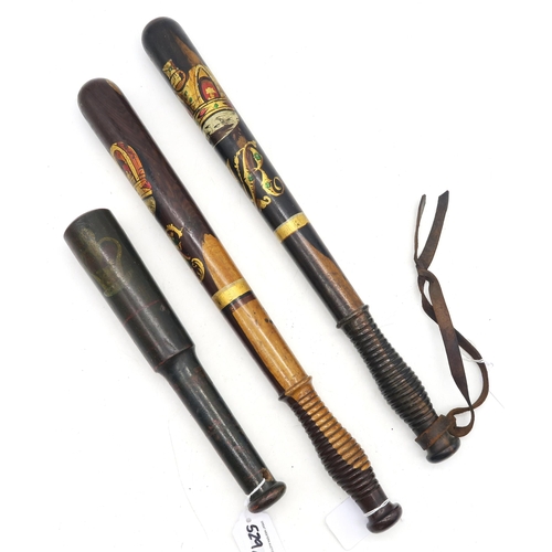 529 - Two Victorian lignum vitae policeman's truncheons, polychrome painted with crown and VR cipher, each... 