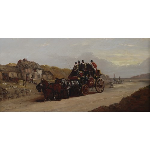 914 - JOHN CHARLES MAGGS Coach and four by the coast, signeed, oil on canvas, 34.25 x 66.5cm... 