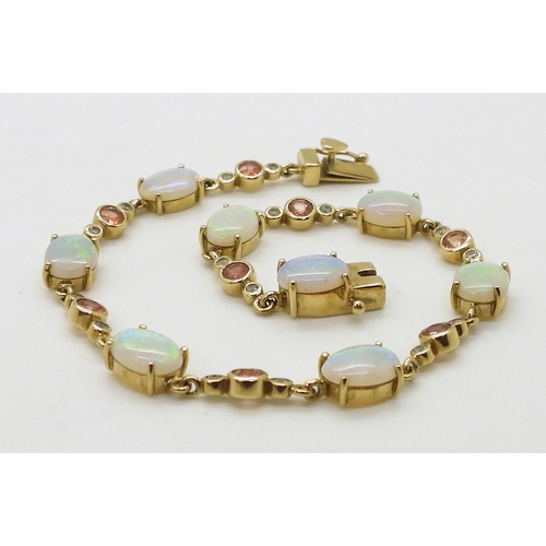 2715 - A 9CT GOLD BRACELETset with oval opals and pink and white sapphires, length 19cm, with a heart detai... 