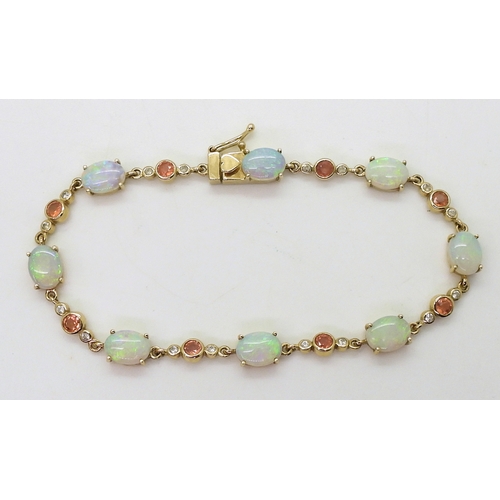 2715 - A 9CT GOLD BRACELETset with oval opals and pink and white sapphires, length 19cm, with a heart detai... 