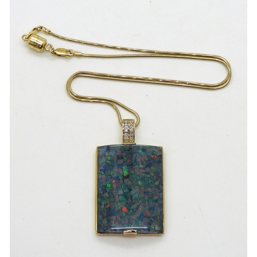 2717 - OPAL PENDANT AND CHAINthe opal mosaic and diamond pendant, measures approx 4cm x 3cm, with a 1.2cm b... 