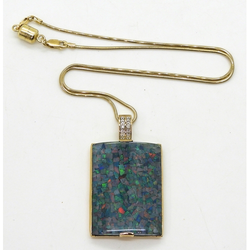 2717 - OPAL PENDANT AND CHAINthe opal mosaic and diamond pendant, measures approx 4cm x 3cm, with a 1.2cm b... 