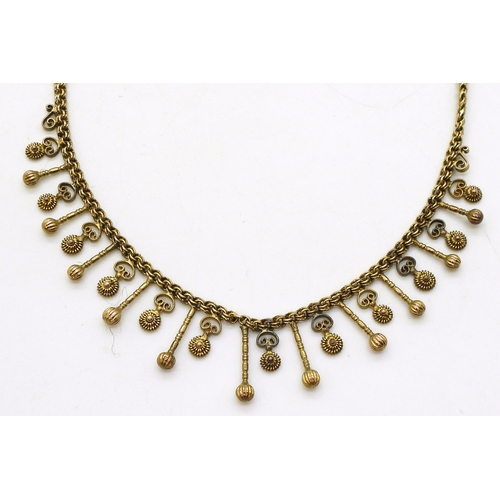 2718 - A 14K GOLD FRINGE NECKLACEprobably Danish made, stamped 585 EK. with pretty filligree and wire work ... 