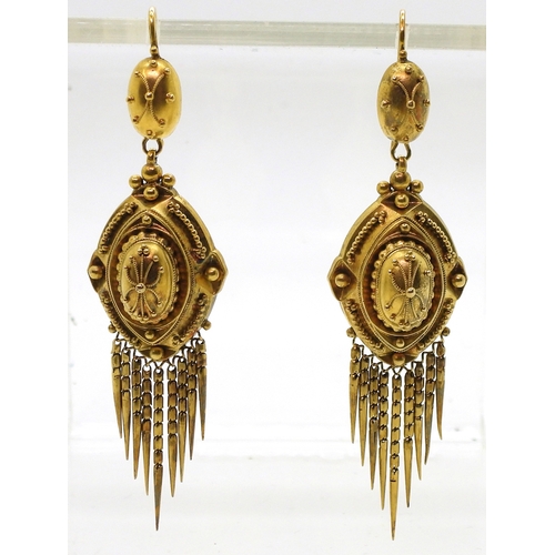 2720 - VICTORIAN TASSEL EARRINGSthe classic yellow metal Etruscan design earrings, are embellished with gra... 