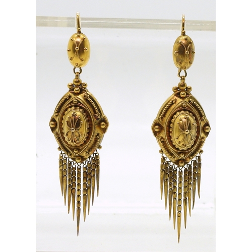 2720 - VICTORIAN TASSEL EARRINGSthe classic yellow metal Etruscan design earrings, are embellished with gra... 