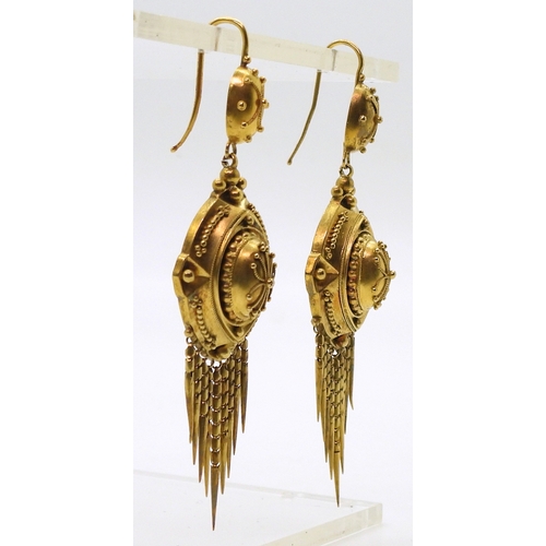 2720 - VICTORIAN TASSEL EARRINGSthe classic yellow metal Etruscan design earrings, are embellished with gra... 