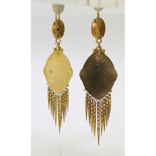 2720 - VICTORIAN TASSEL EARRINGSthe classic yellow metal Etruscan design earrings, are embellished with gra... 