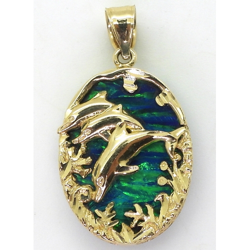 2722 - A 14K DOLPHIN PENDANTset with a large piece of man made opal of approx 2.4cm x 1.8cm, length of pend... 