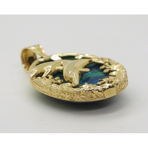 2722 - A 14K DOLPHIN PENDANTset with a large piece of man made opal of approx 2.4cm x 1.8cm, length of pend... 