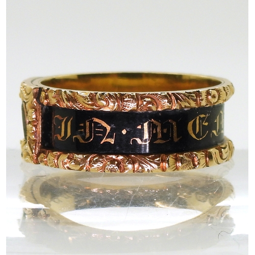 2724 - A MOURNING RINGwith Victorian London hallmarks for 1839, inscribed 'H. Waine died 30th January 1839 ... 