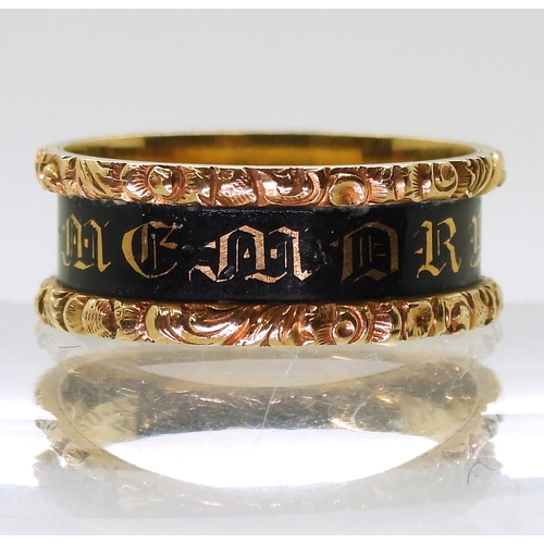 2724 - A MOURNING RINGwith Victorian London hallmarks for 1839, inscribed 'H. Waine died 30th January 1839 ... 