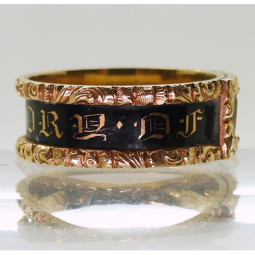 2724 - A MOURNING RINGwith Victorian London hallmarks for 1839, inscribed 'H. Waine died 30th January 1839 ... 