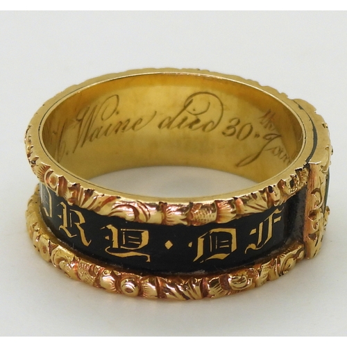 2724 - A MOURNING RINGwith Victorian London hallmarks for 1839, inscribed 'H. Waine died 30th January 1839 ... 