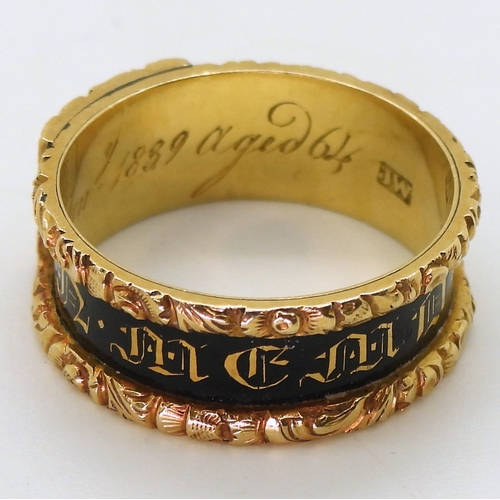 2724 - A MOURNING RINGwith Victorian London hallmarks for 1839, inscribed 'H. Waine died 30th January 1839 ... 