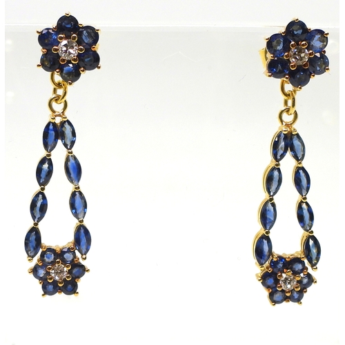 2727 - SAPPHIRE & DIAMOND FLOWER EARRINGSmade in  bright yellow metal and set with marquis and round cu... 