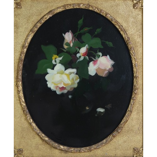 JAMES STUART PARK Pink and yellow roses, signed, oil on canvas, 50.5cm x 40.5cm