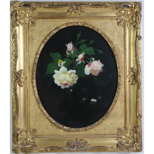 905 - JAMES STUART PARK Pink and yellow roses, signed, oil on canvas, 50.5cm x 40.5cm