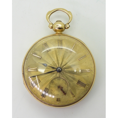 2903 - AN 18CT GOLD POCKET WATCHthe open face pocket watch has a gold coloured dial, numerals and blued ste... 