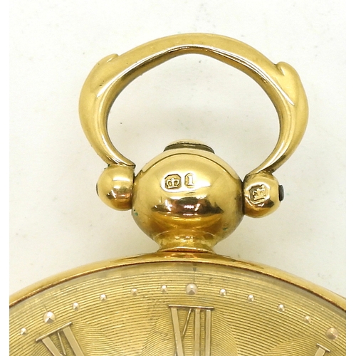 2903 - AN 18CT GOLD POCKET WATCHthe open face pocket watch has a gold coloured dial, numerals and blued ste... 