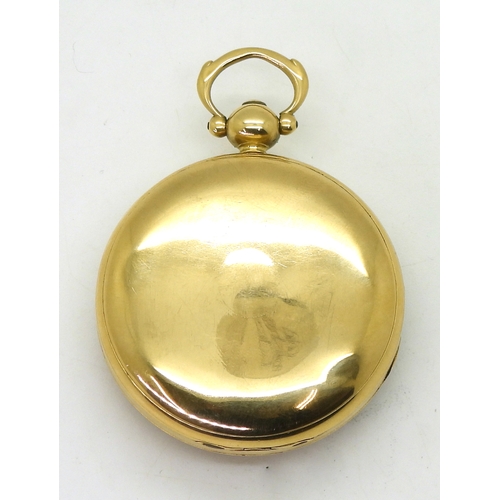 2903 - AN 18CT GOLD POCKET WATCHthe open face pocket watch has a gold coloured dial, numerals and blued ste... 