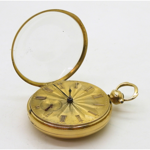 2903 - AN 18CT GOLD POCKET WATCHthe open face pocket watch has a gold coloured dial, numerals and blued ste... 