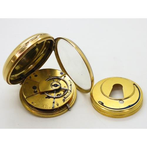 2903 - AN 18CT GOLD POCKET WATCHthe open face pocket watch has a gold coloured dial, numerals and blued ste... 